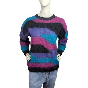 Vintage One Of A Kind Hand Knit Mohair Sweater, Purple Teal Magenta, Women's M/L